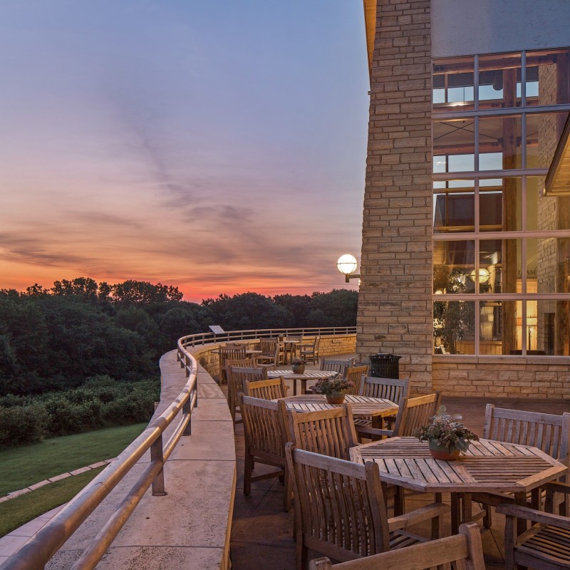  Relax and dine on the Sunset Terrace overlooking the 260-acre Arbor Day Farm. 