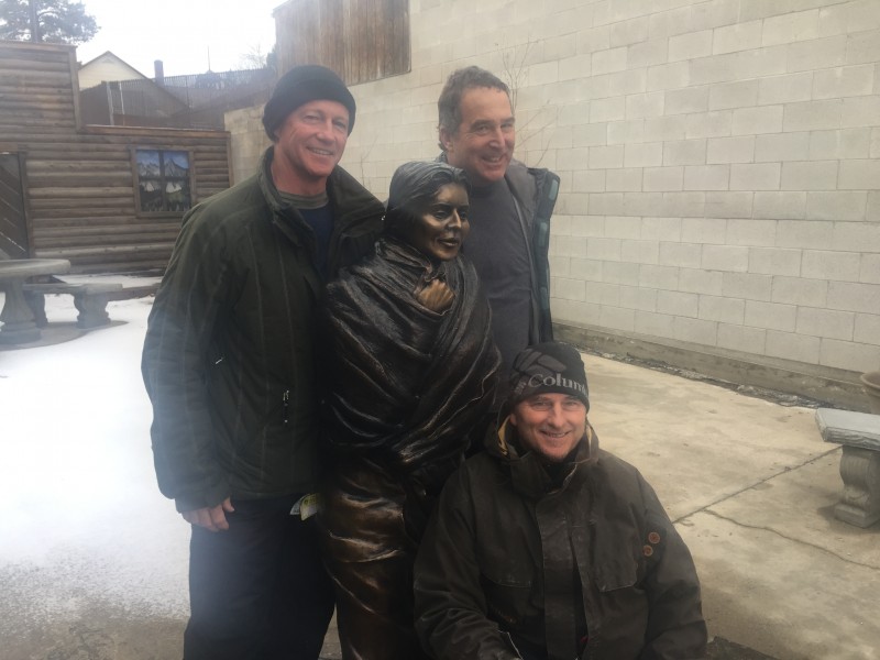 Fly fishermen with Sacajawea Statue in Darby,  Montana during the sqwalla hatch in March 2018.