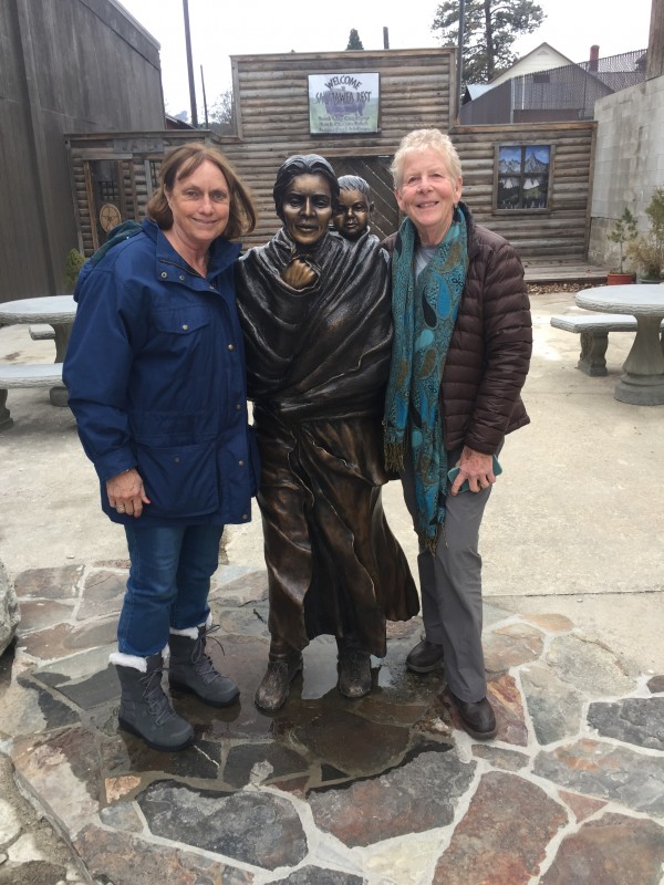 Susan Hall and Ginny Lydick from Dallas, Texas at the Sacajawea Bronze in Darby, Montana April 2017