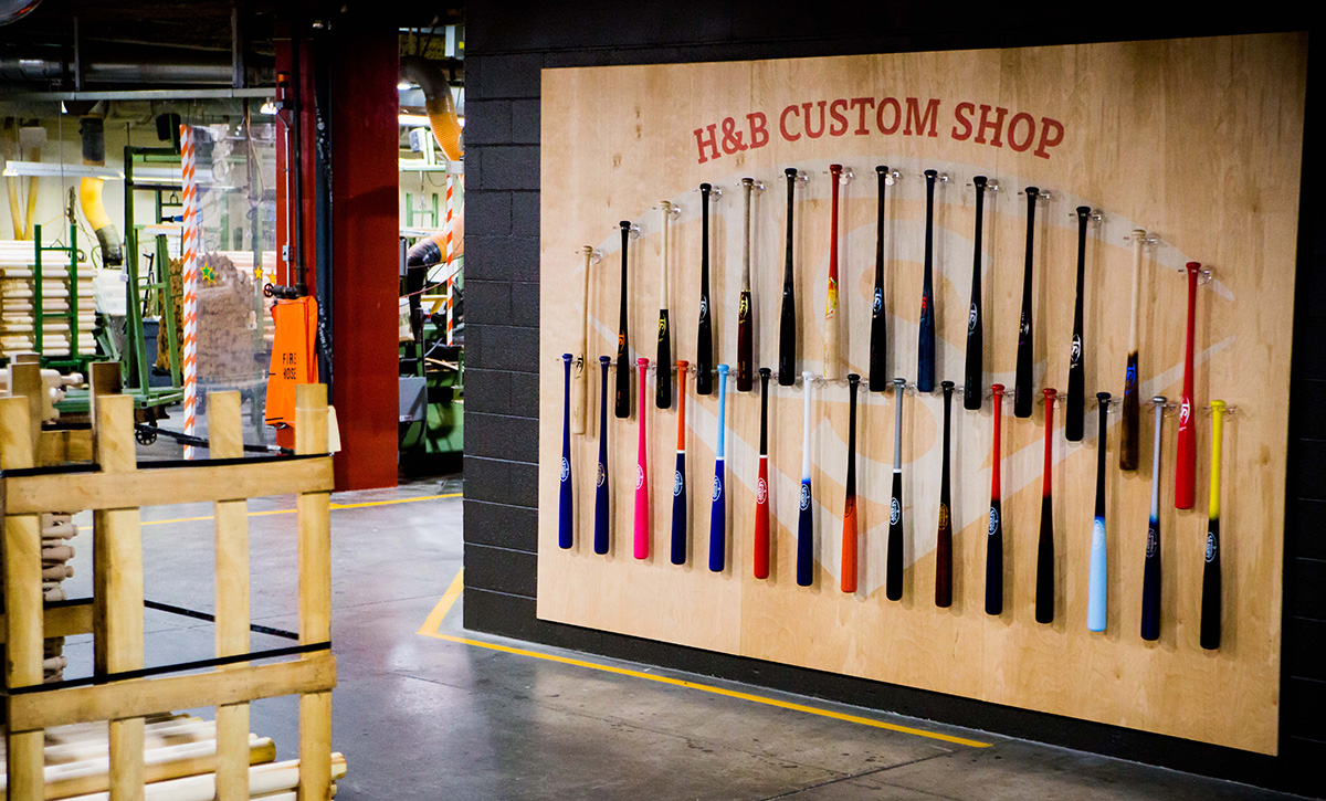Options for custom bats on the wall of our factory.