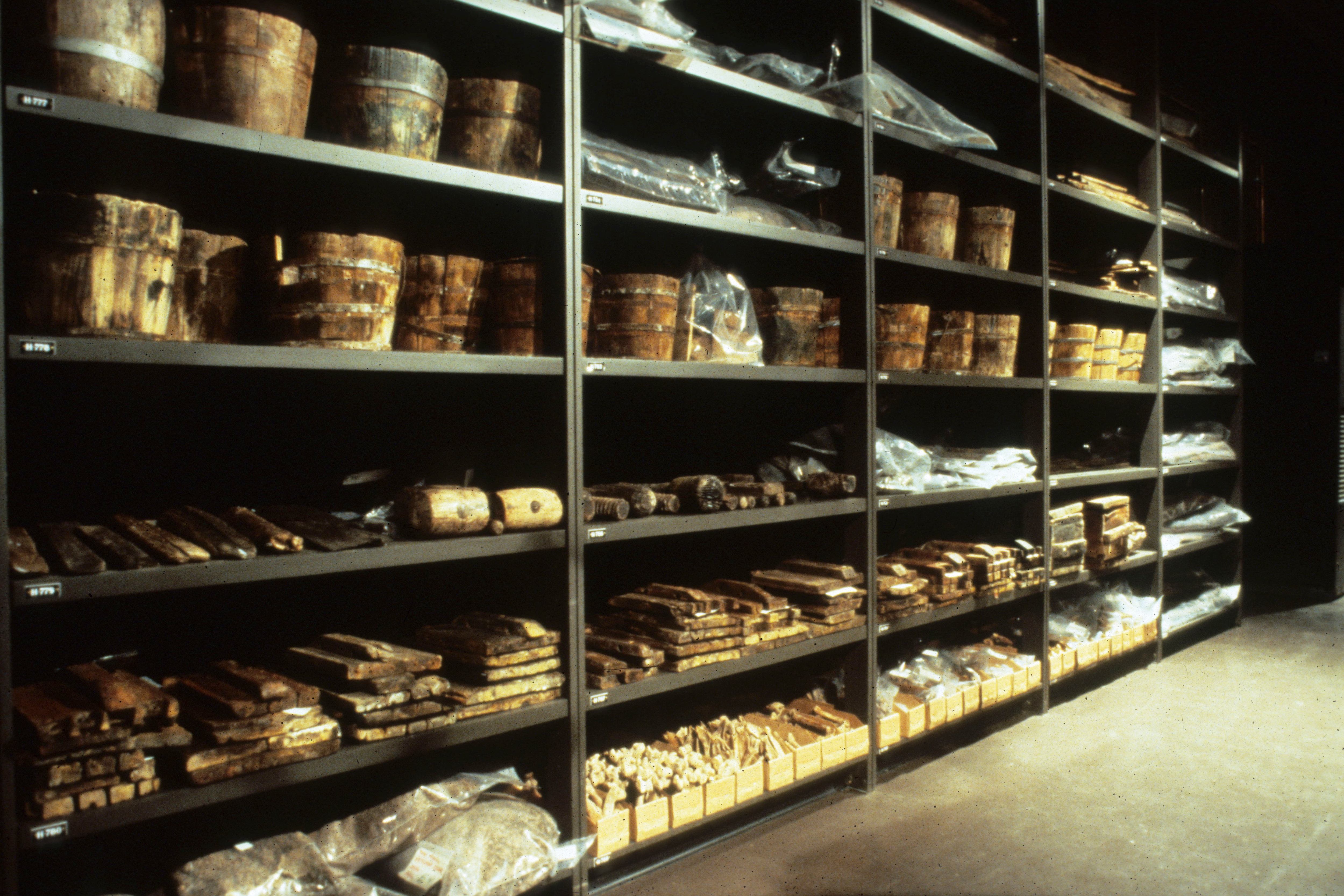 Shelves of wooden artifacts from the Steamboat Bertrand close to the Lewis and Clark trail