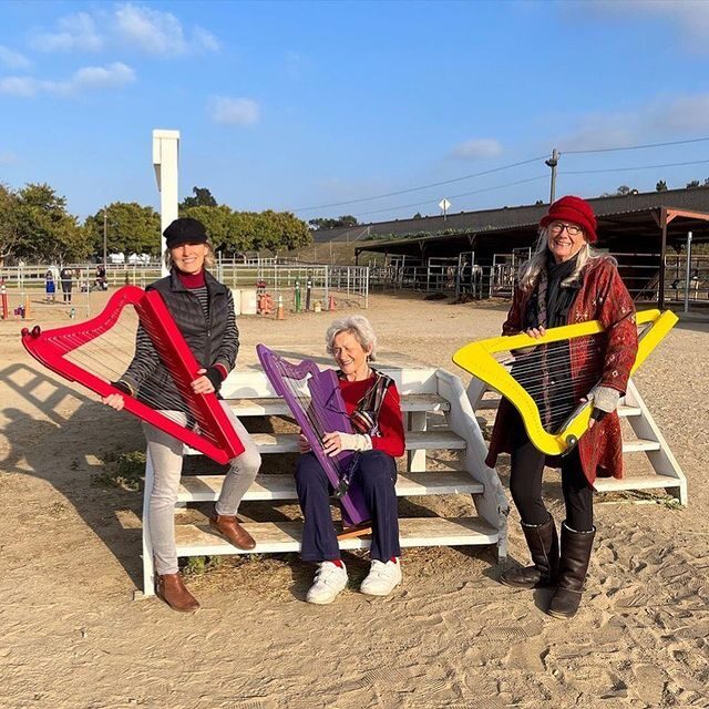 Three friends playing harps on the beach