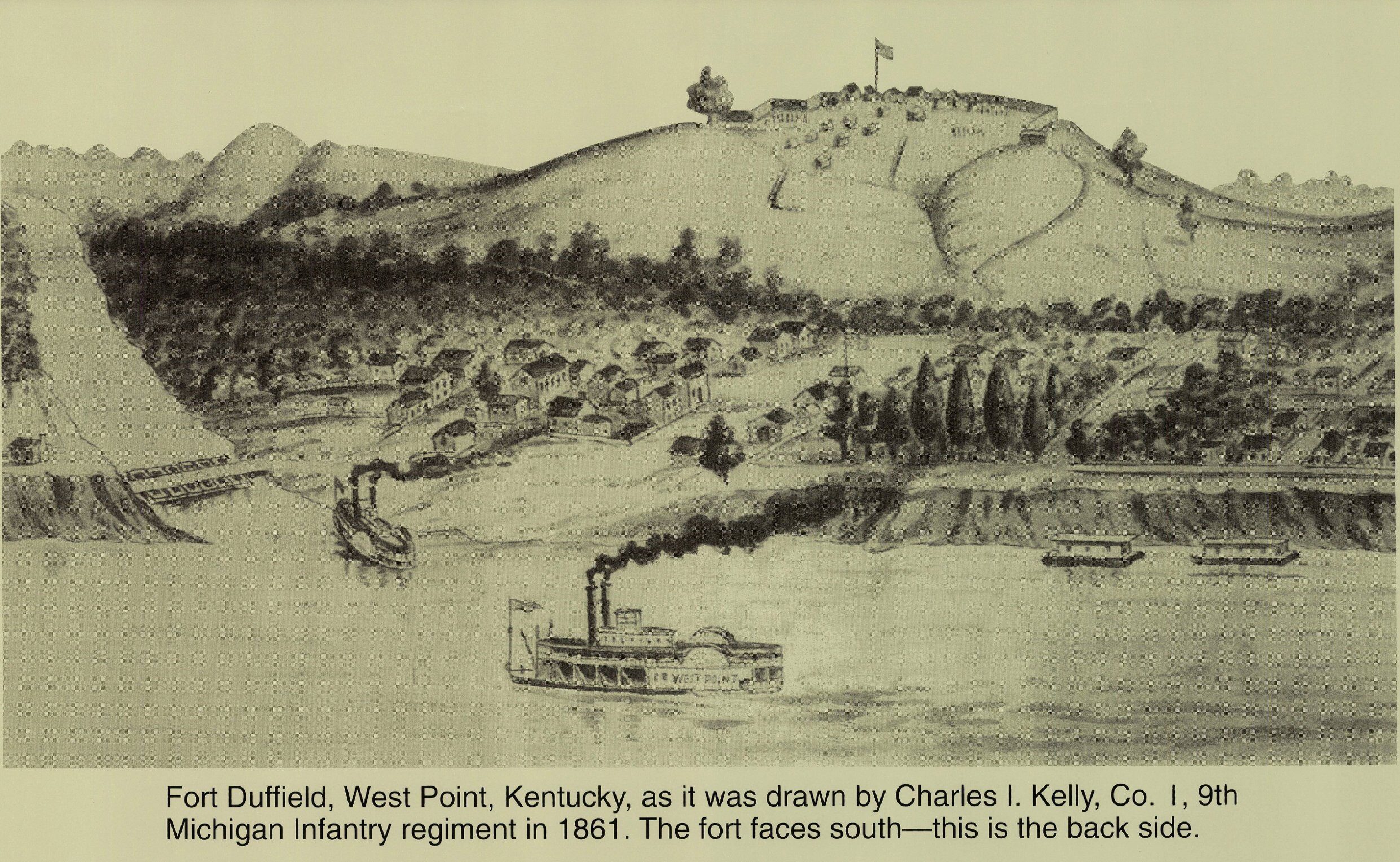 Historic sketch by 9th Michigan soldier. View from Indiana.