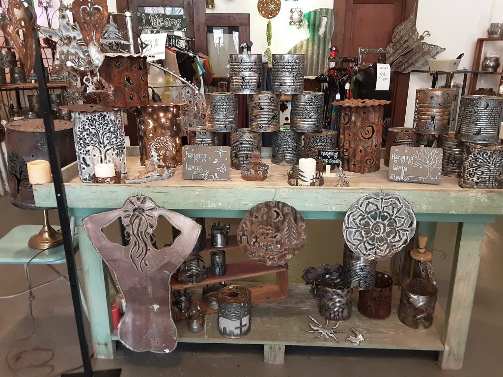 Tin lampshades for sale at Rust Artisans' Shop along the Lewis and Clark Historic Trail