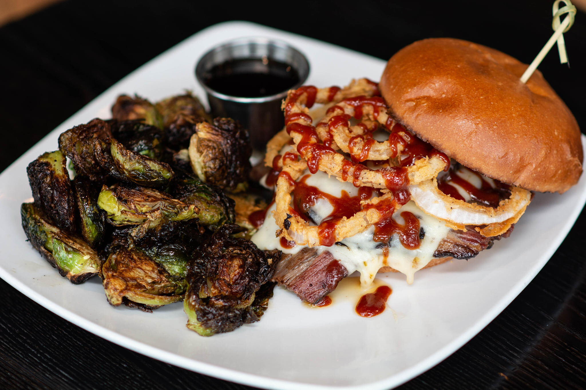 Brisket sandwich with a side of Brussels sprouts from Ramsey's Trailside along the Lewis and Clark Historic Trail