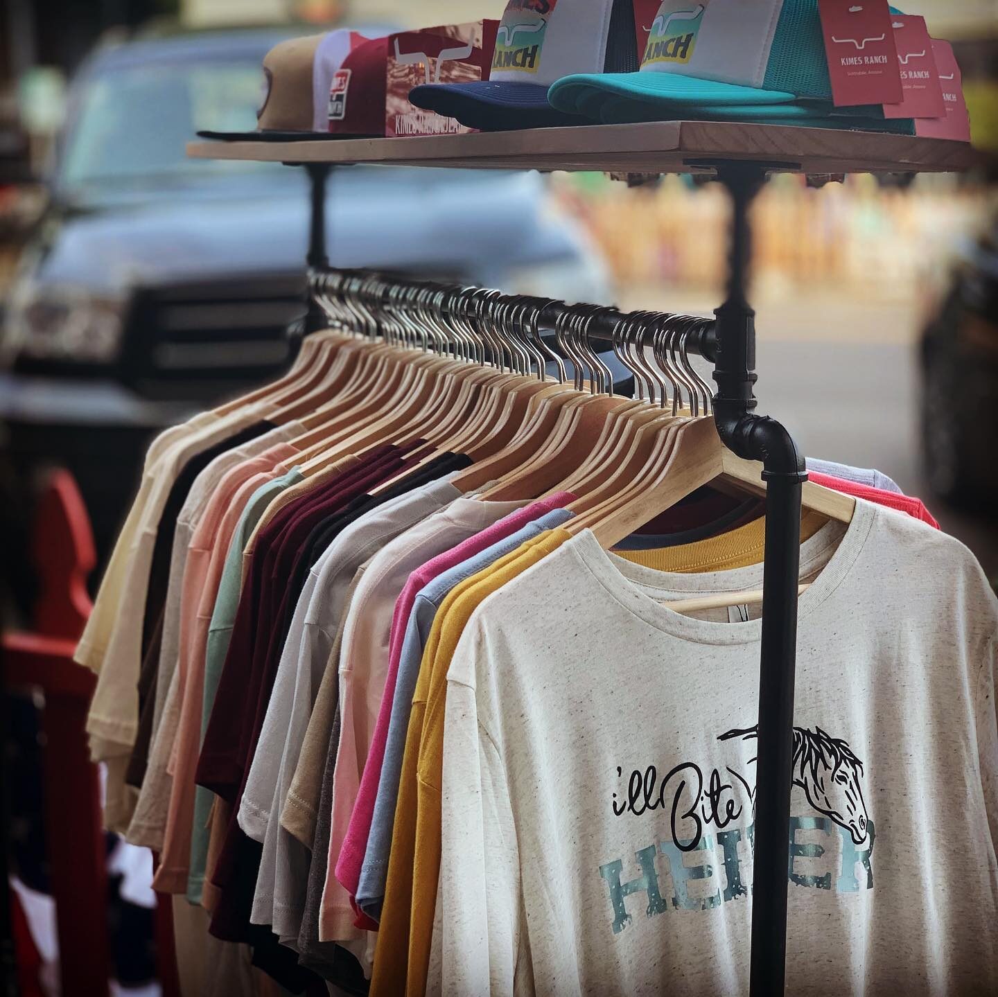 T-shirts and hats for sale at Feathers and Leathers along the Lewis and Clark Historic Trail