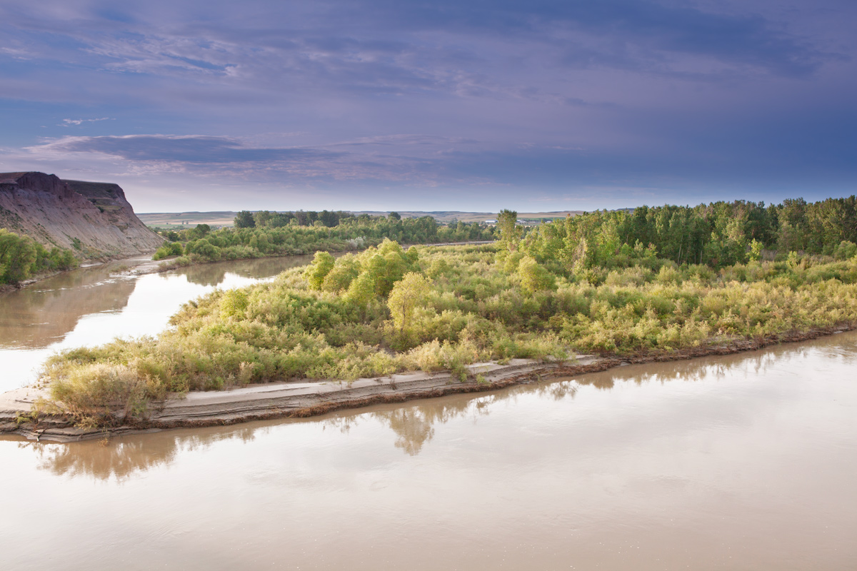 Charbonneau Creek enters the Yellowstone River as viewed from Fairview Bridge